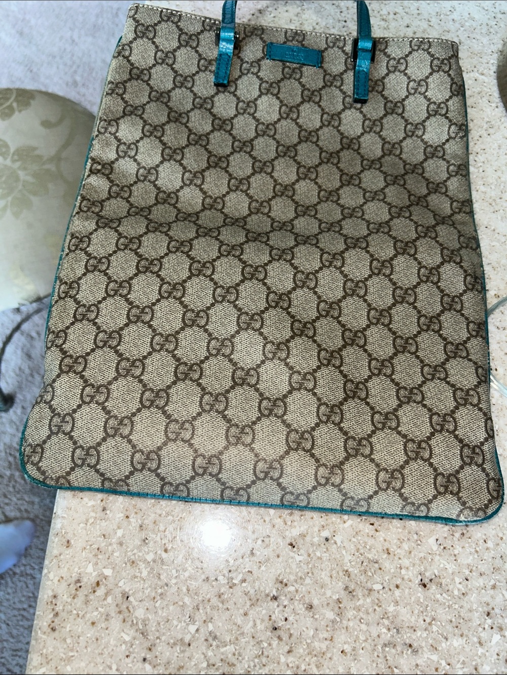 Gucci Beige GG Canvas Tote with Teal Trim - Picture 15 of 16